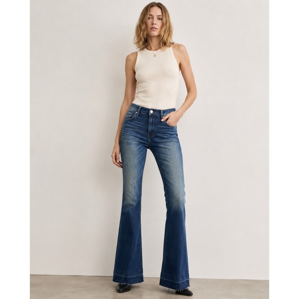 McGuire Majorelle Flare Jeans Dark Wash Raw Hem Size 28 NWOT Stretch 70's Style - Picture 14 of 15